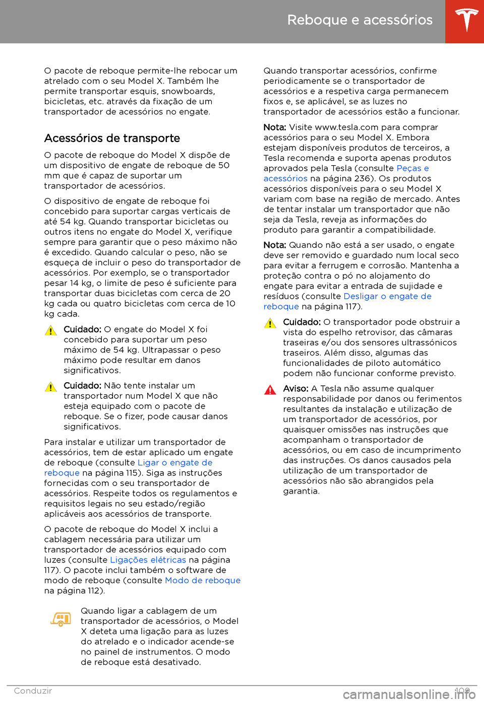 TESLA MODEL X 2020  Manual do proprietário (in Portuguese)  Reboque e acess