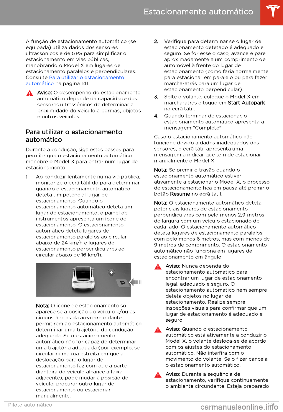 TESLA MODEL X 2020  Manual do proprietário (in Portuguese)  Estacionamento autom