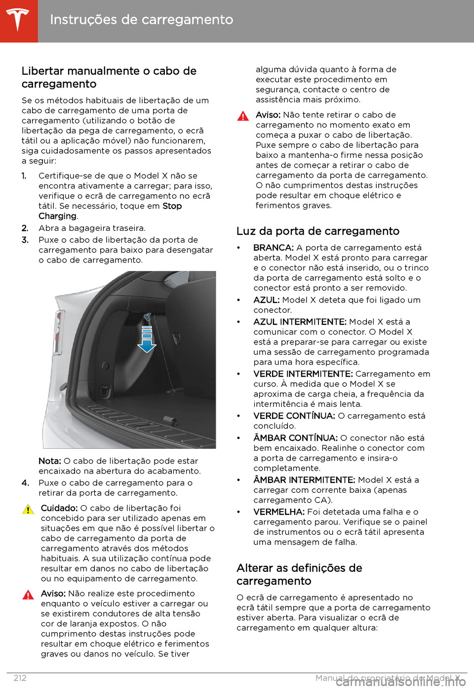 TESLA MODEL X 2020  Manual do proprietário (in Portuguese)  Libertar manualmente o cabo de
carregamento
Se os m