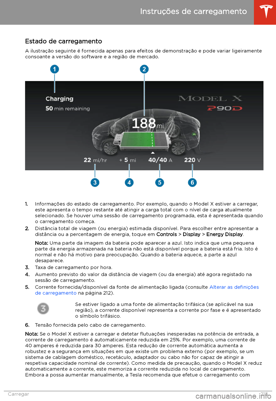 TESLA MODEL X 2020  Manual do proprietário (in Portuguese)  Estado de carregamento
A ilustra