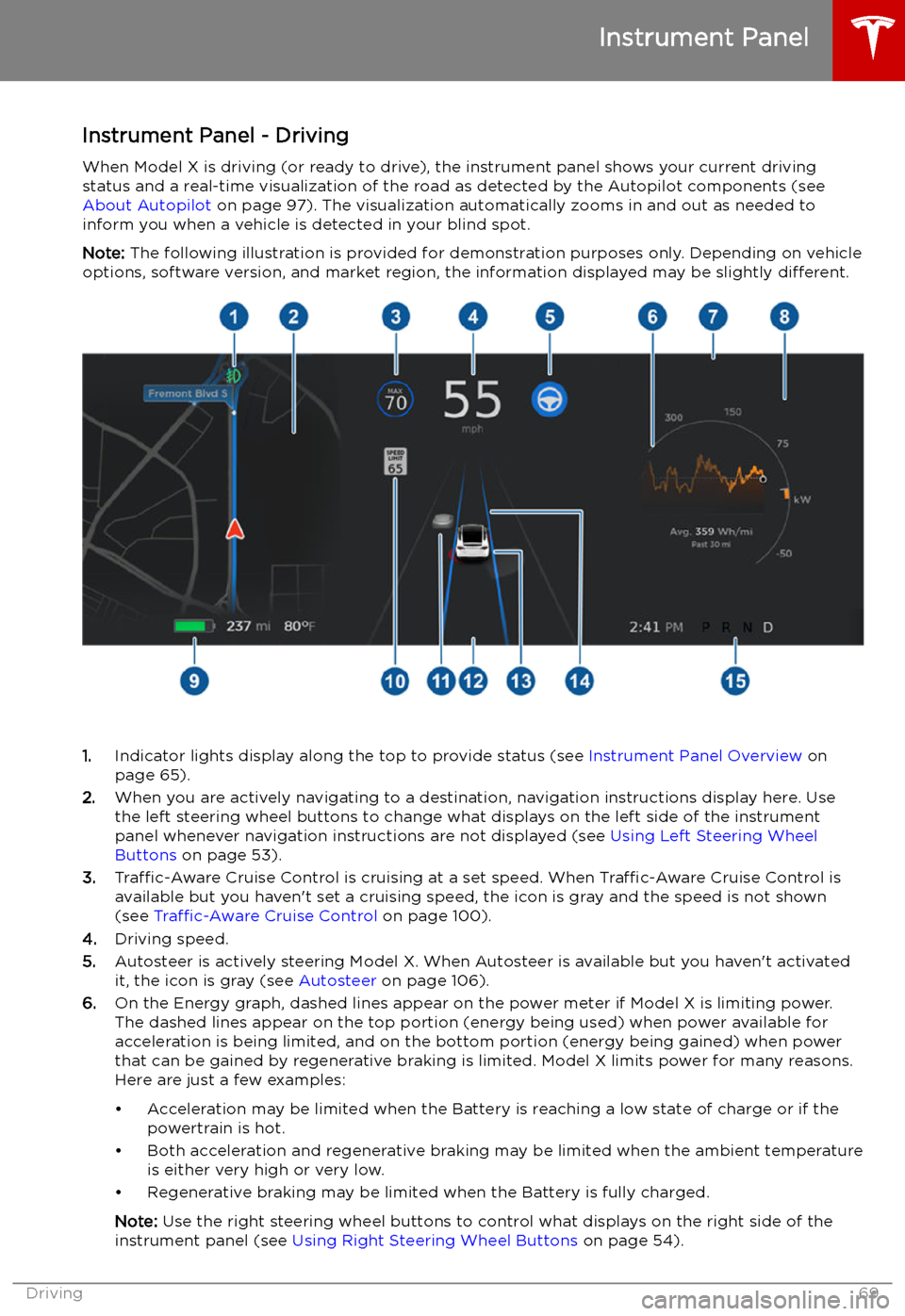 TESLA MODEL X 2019  Owners Manual  Instrument Panel - DrivingWhen Model X is driving (or ready to drive), the instrument panel shows your current driving
status and a real-time visualization of the road as detected by the Autopilot com