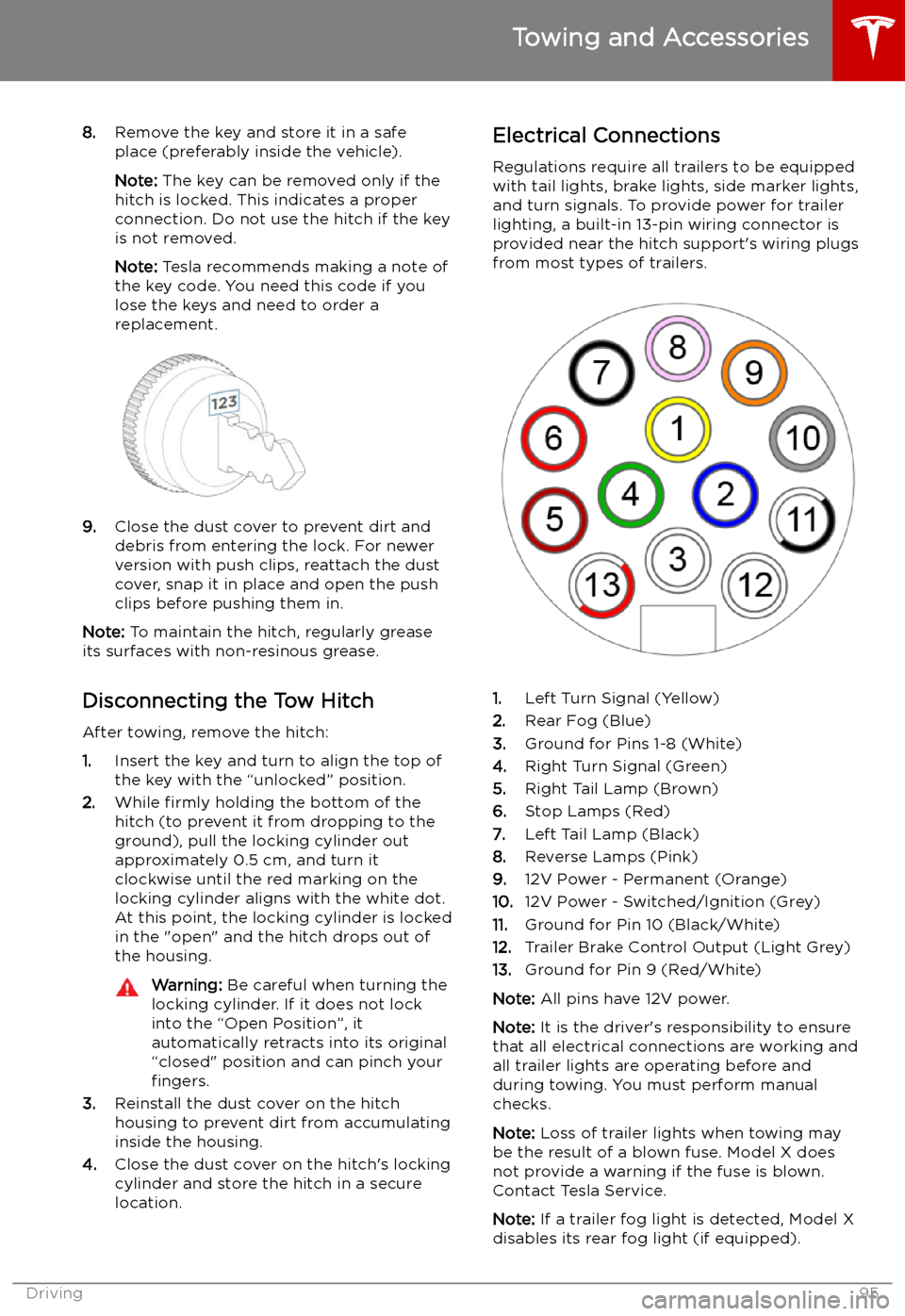 TESLA MODEL X 2019 Owners Manual 8.Remove the key and store it in a safe
place (preferably inside the vehicle).
Note: The key can be removed only if the
hitch is locked. This indicates a proper
connection. Do not use the hitch if th TESLA MODEL X 2019 Owners Manual 8.Remove the key and store it in a safe
place (preferably inside the vehicle).
Note: The key can be removed only if the
hitch is locked. This indicates a proper
connection. Do not use the hitch if th