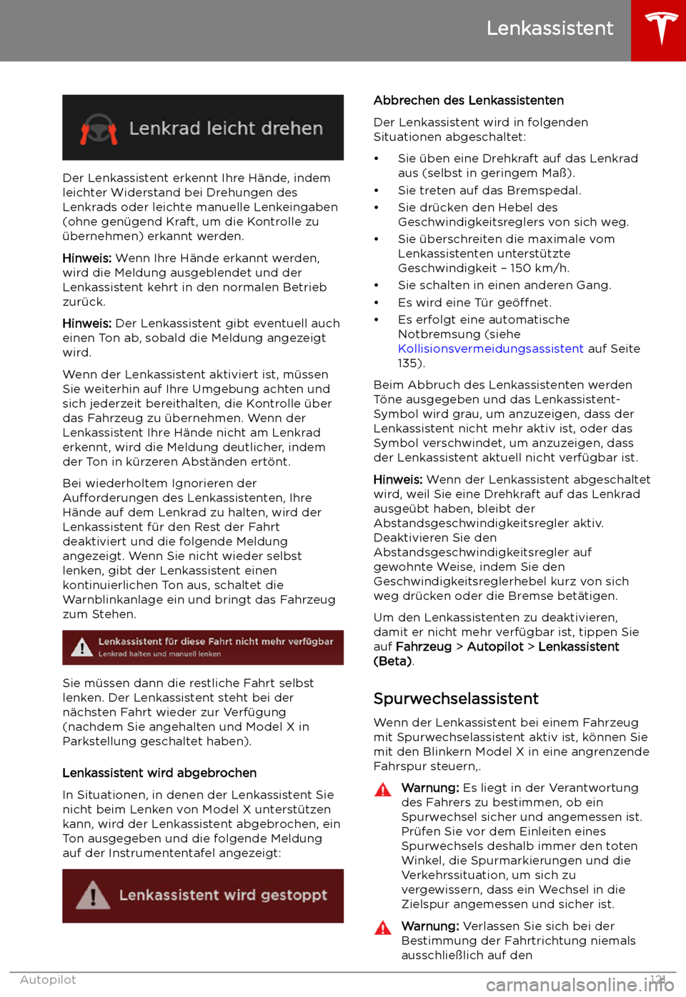 TESLA MODEL X 2019  Betriebsanleitung (in German)  Der Lenkassistent erkennt Ihre H