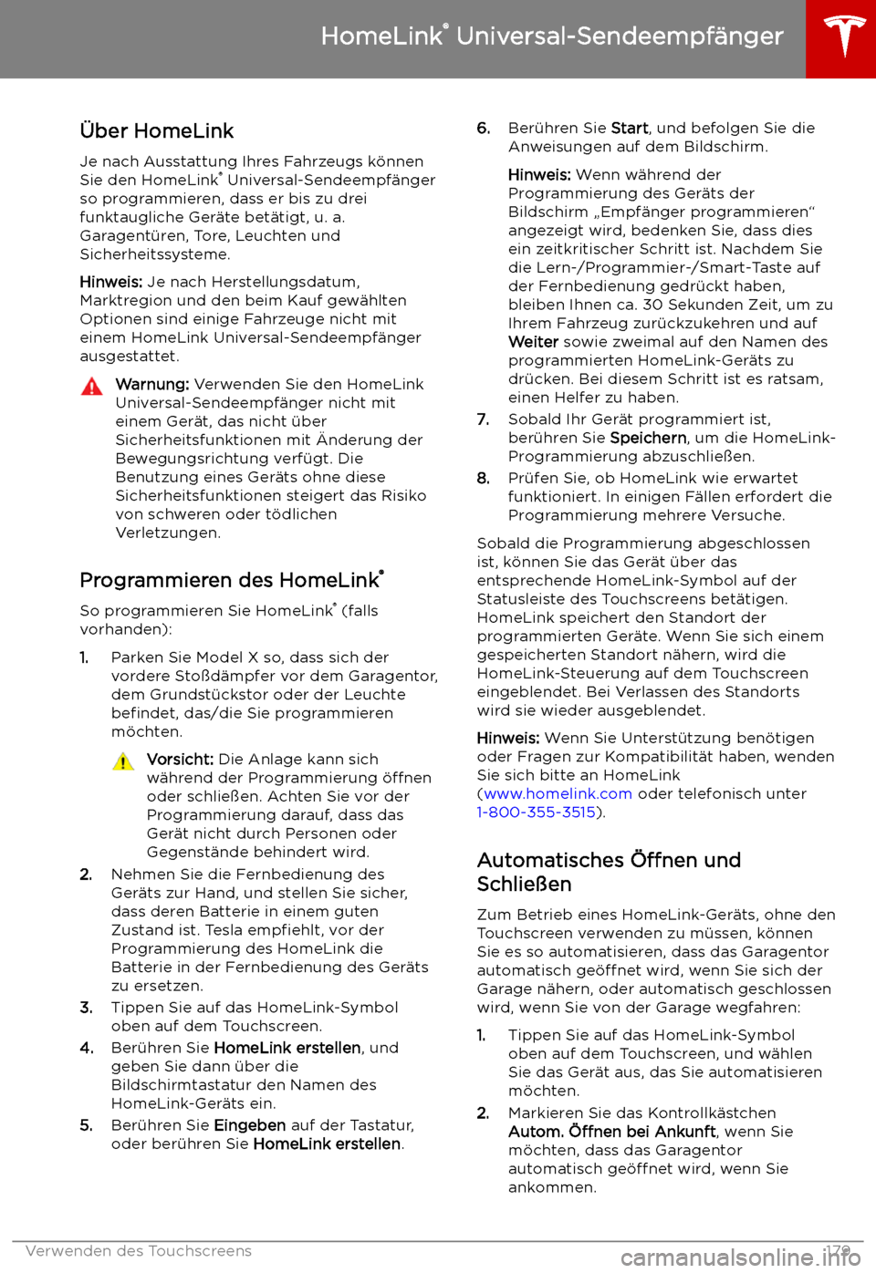 TESLA MODEL X 2019  Betriebsanleitung (in German)  HomeLink