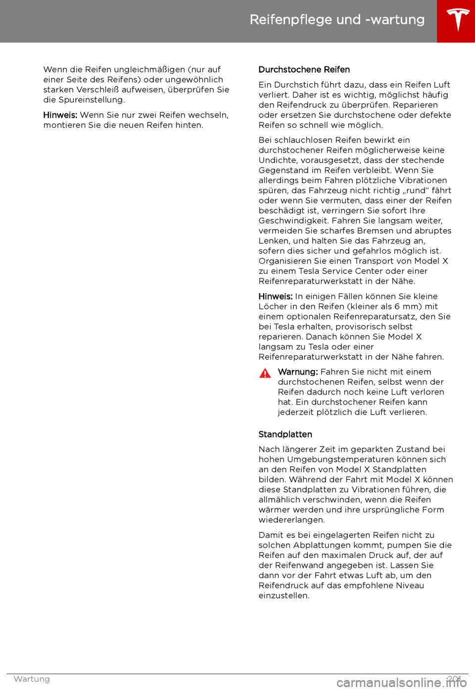 TESLA MODEL X 2019  Betriebsanleitung (in German)  Wenn die Reifen ungleichm
