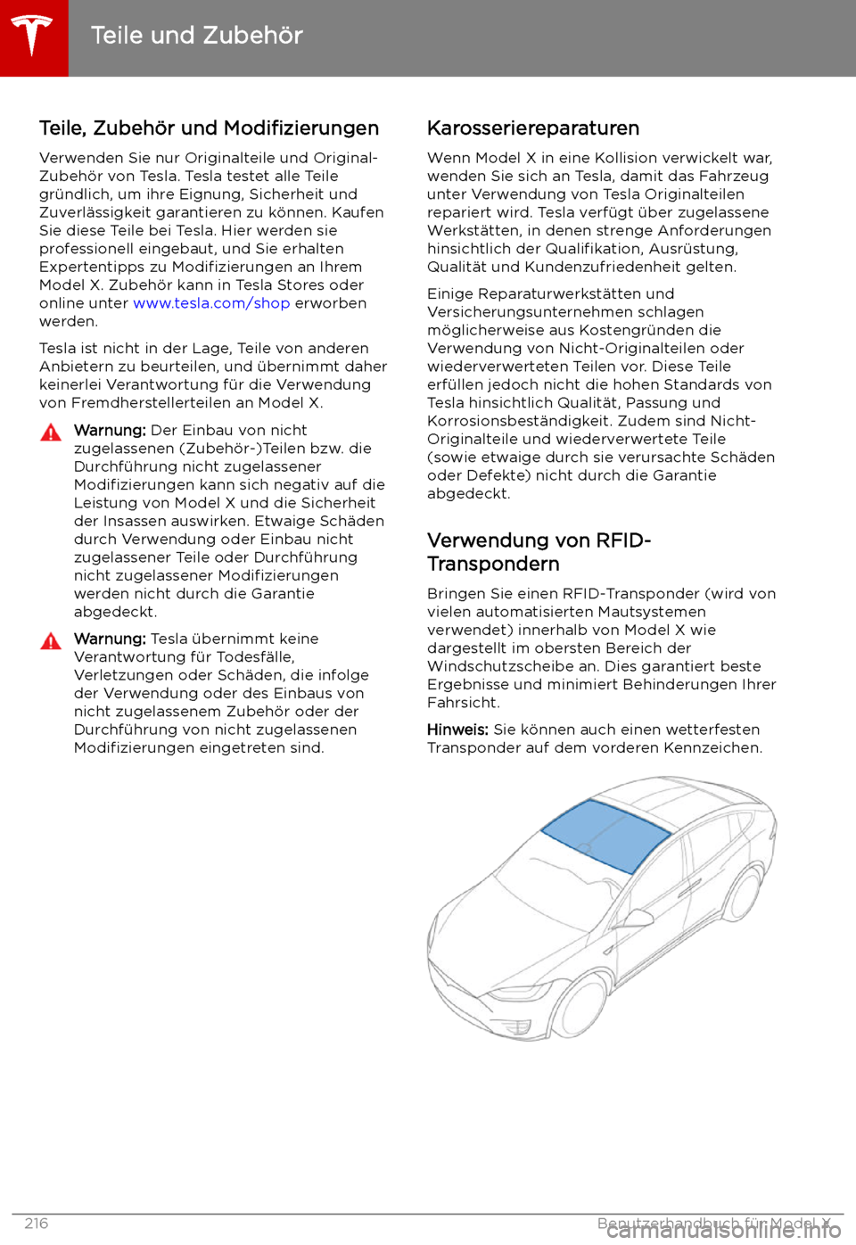 TESLA MODEL X 2019  Betriebsanleitung (in German)  Teile und Zubeh