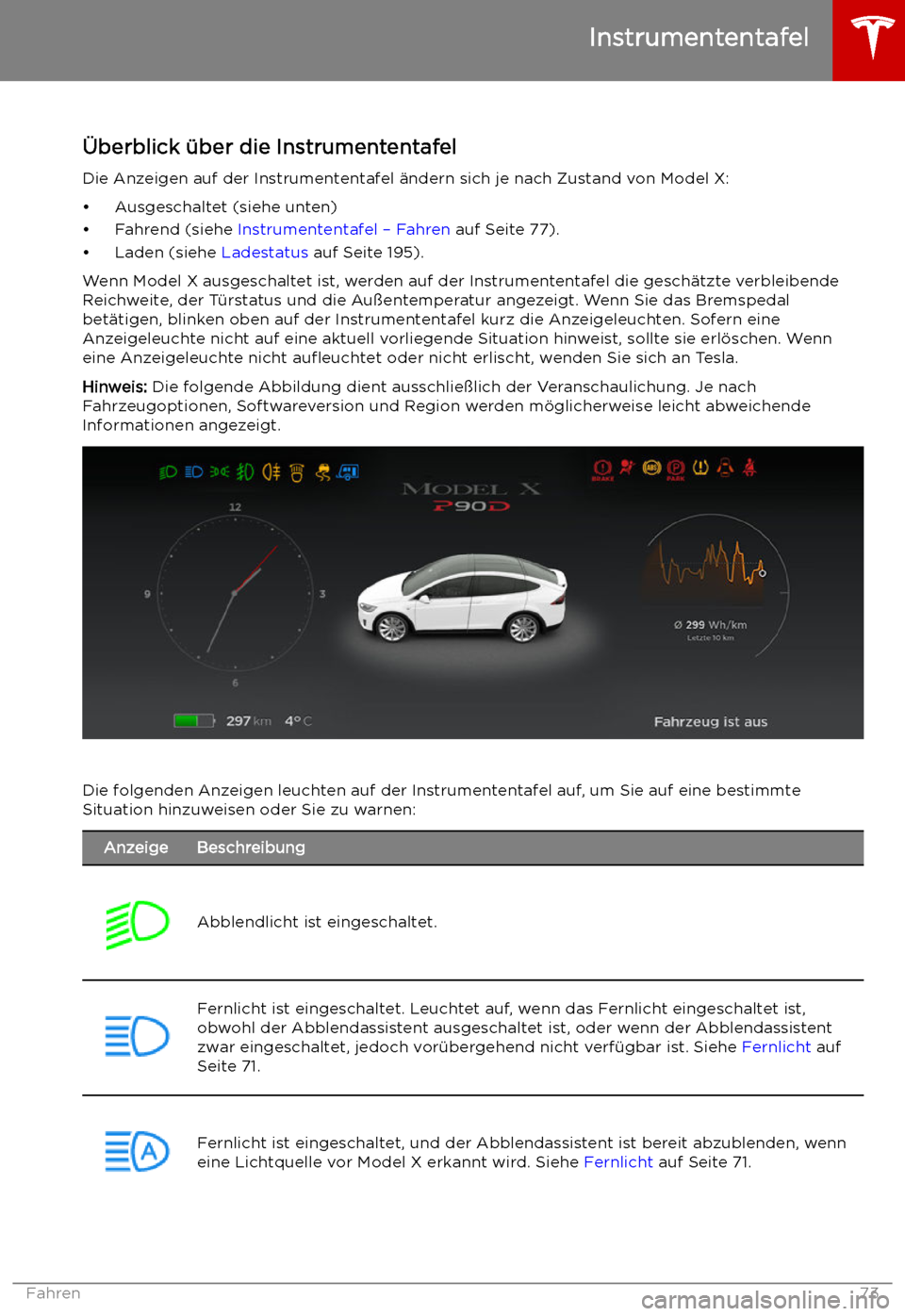TESLA MODEL X 2019  Betriebsanleitung (in German)  Instrumententafel
