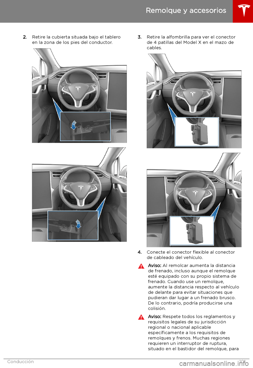 TESLA MODEL X 2019   Manual del propietario (in Spanish) 2.Retire la cubierta situada bajo el tablero
en la zona de los pies del conductor.3. Retire la alfombrilla para ver el conector
de 4 patillas del Model X en el mazo de cables.
4. Conecte el conector  