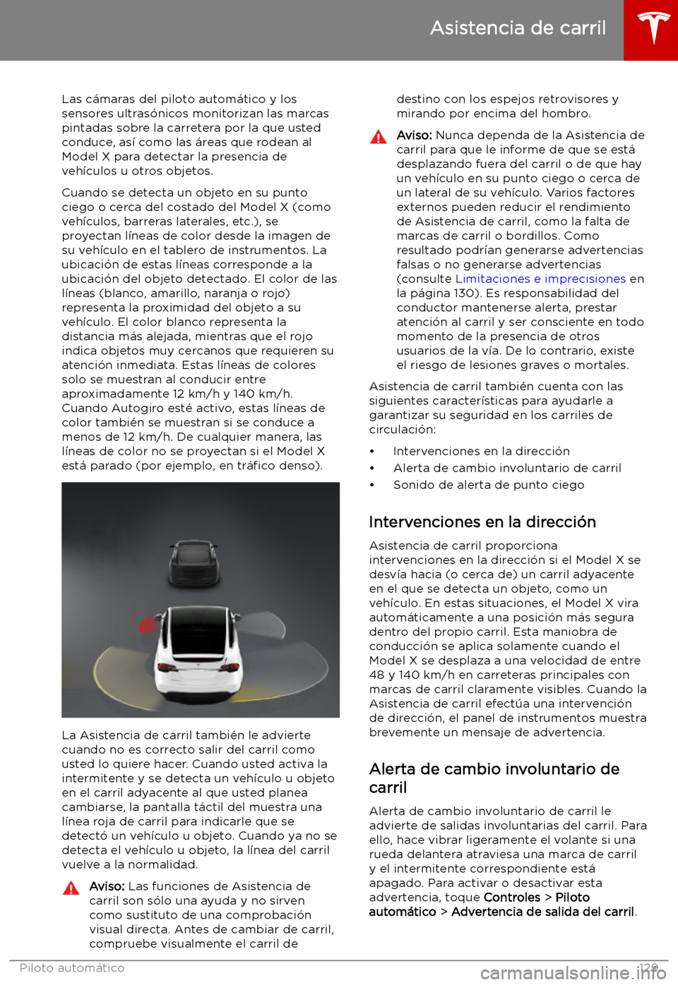 TESLA MODEL X 2019   Manual del propietario (in Spanish) Asistencia de carril
Las c