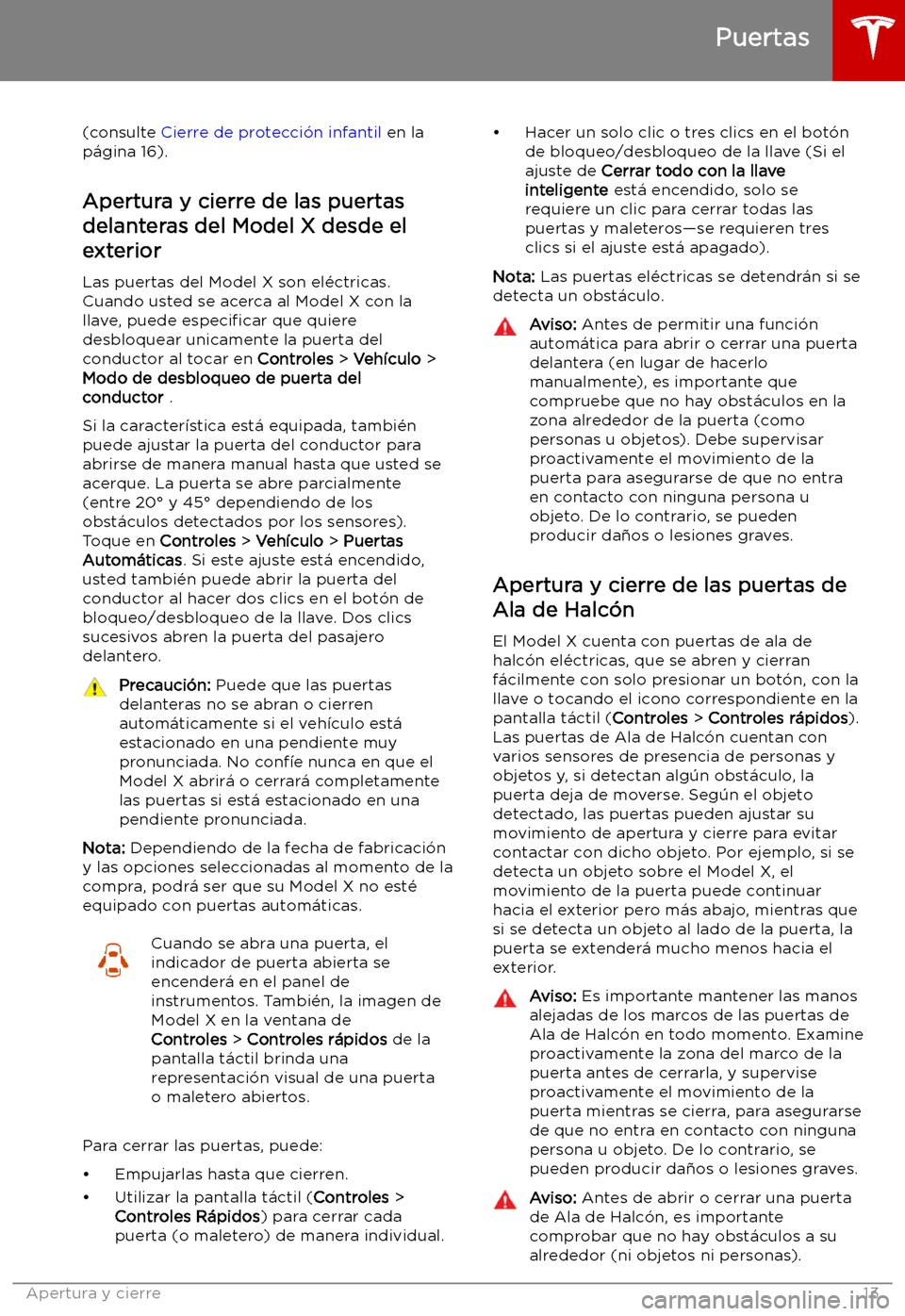 TESLA MODEL X 2019   Manual del propietario (in Spanish) (consulte Cierre de protecci