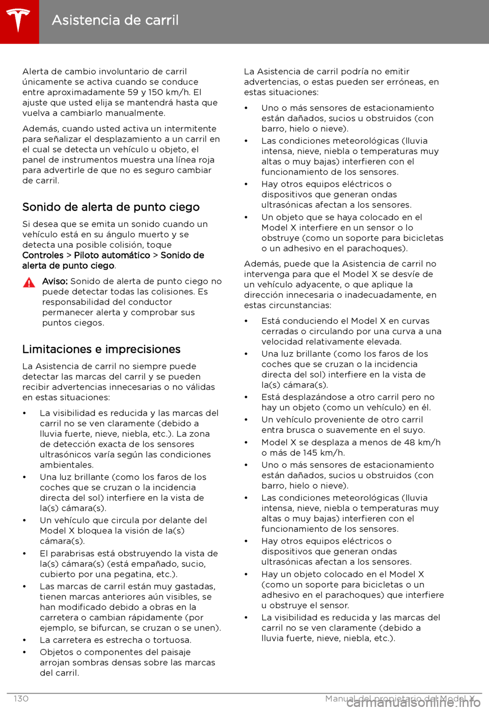 TESLA MODEL X 2019   Manual del propietario (in Spanish) Alerta de cambio involuntario de carril
