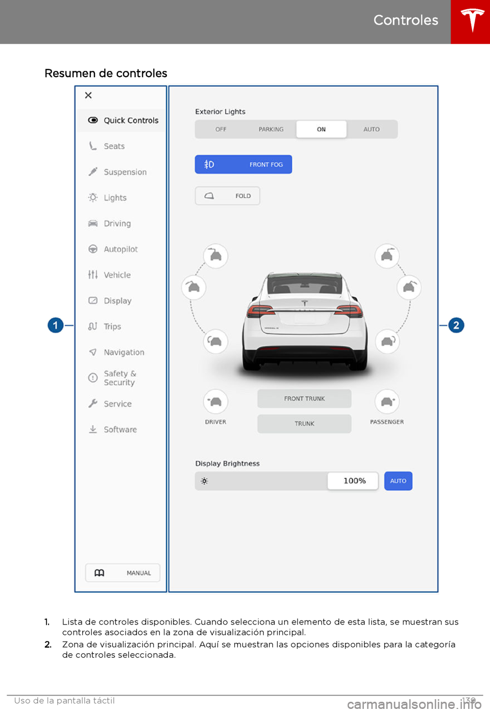 TESLA MODEL X 2019   Manual del propietario (in Spanish) Resumen de controles
1.Lista de controles disponibles. Cuando selecciona un elemento de esta lista, se muestran sus
controles asociados en la zona de visualizaci
