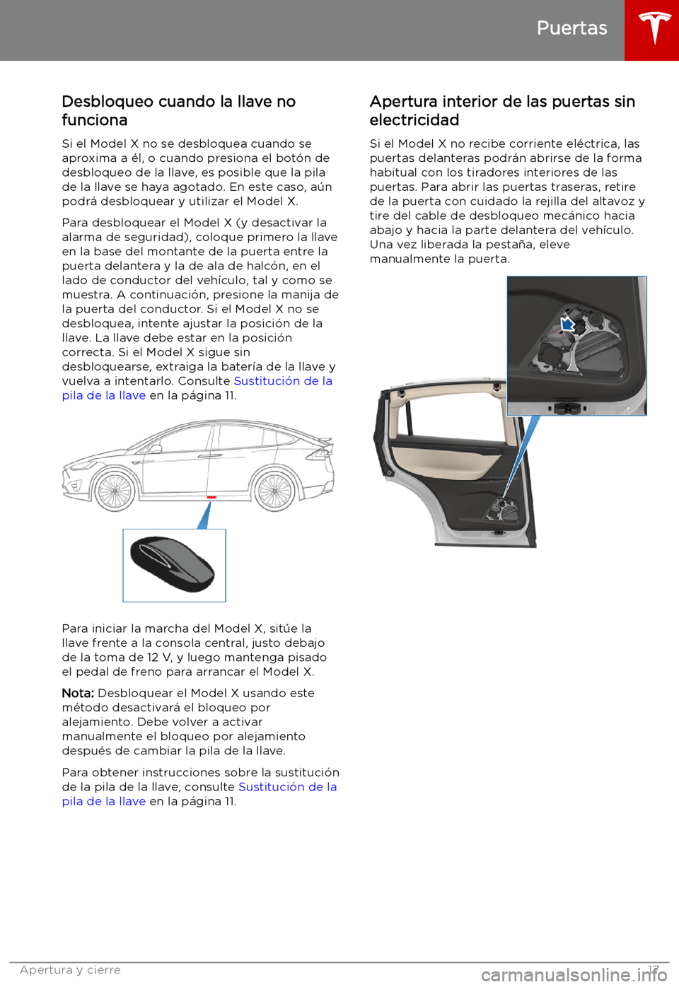 TESLA MODEL X 2019   Manual del propietario (in Spanish) Desbloqueo cuando la llave no
funciona
Si el Model X no se desbloquea cuando se
aproxima a 