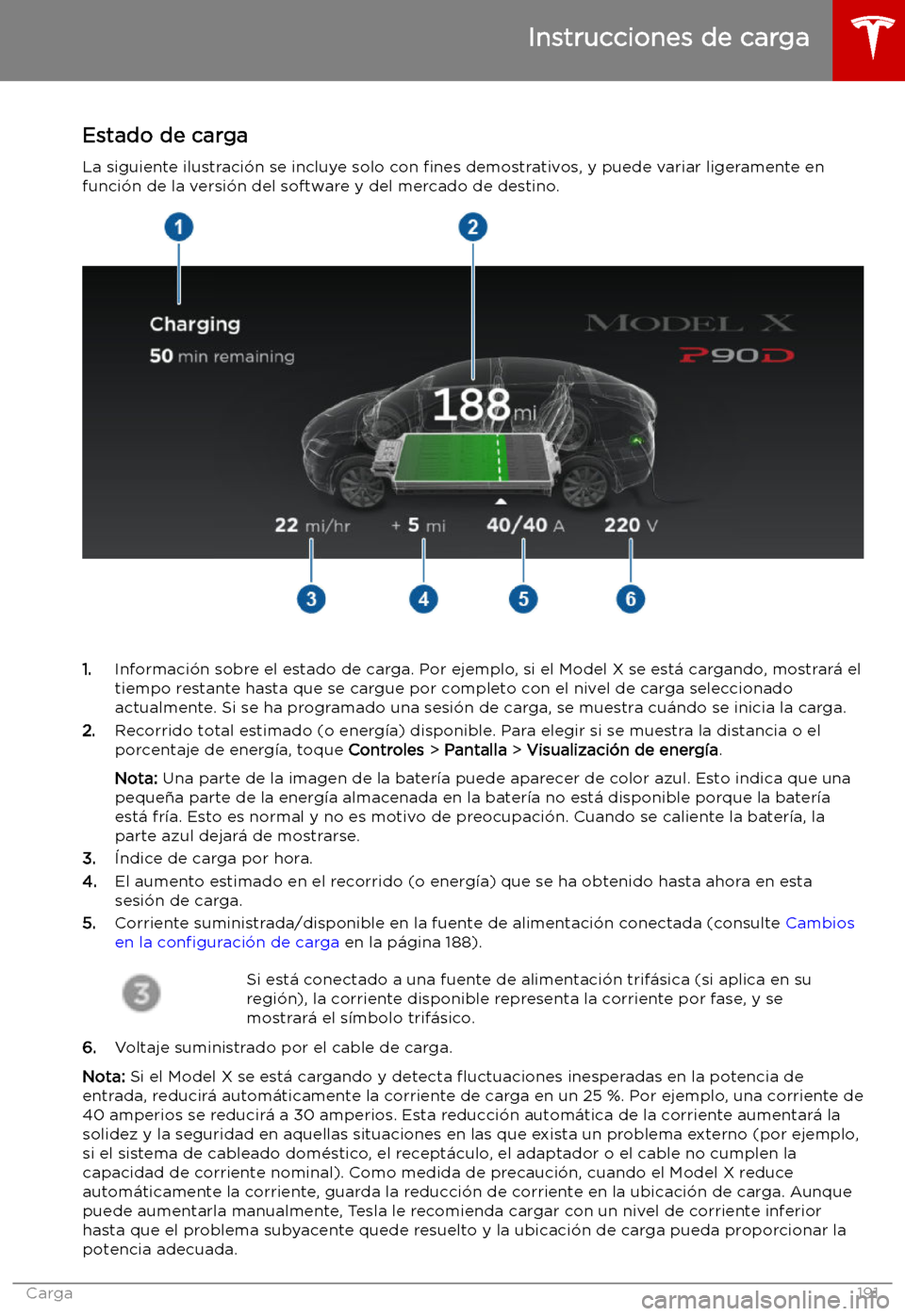 TESLA MODEL X 2019   Manual del propietario (in Spanish) Estado de carga
La siguiente ilustraci