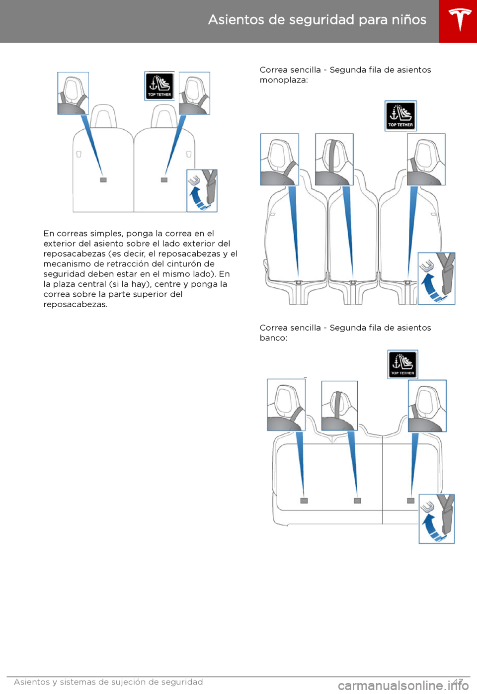 TESLA MODEL X 2019   Manual del propietario (in Spanish) En correas simples, ponga la correa en el
exterior del asiento sobre el lado exterior del reposacabezas (es decir, el reposacabezas y elmecanismo de retracci