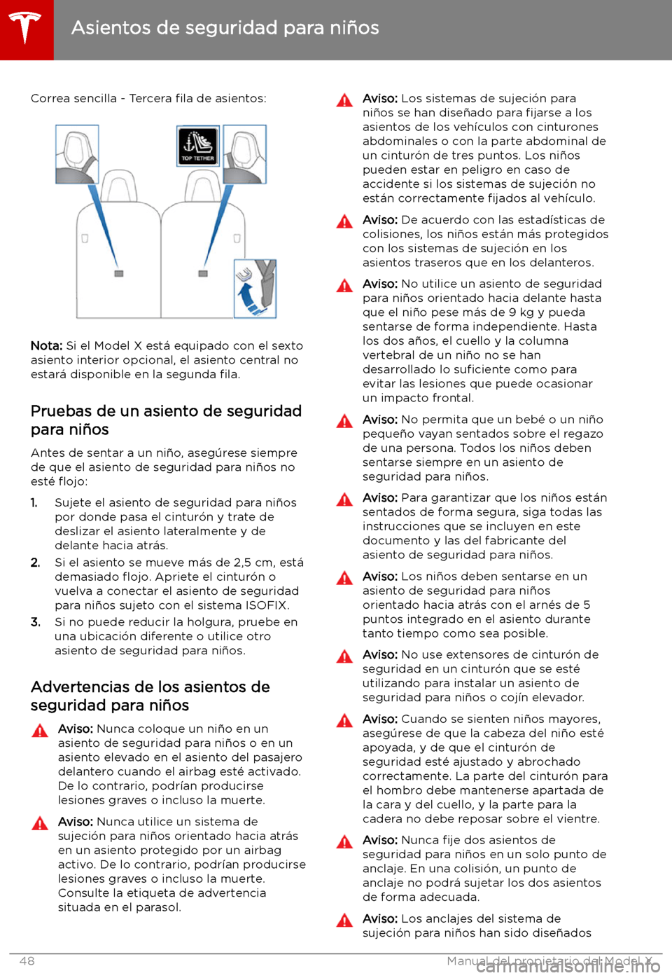 TESLA MODEL X 2019   Manual del propietario (in Spanish) Correa sencilla - Tercera 