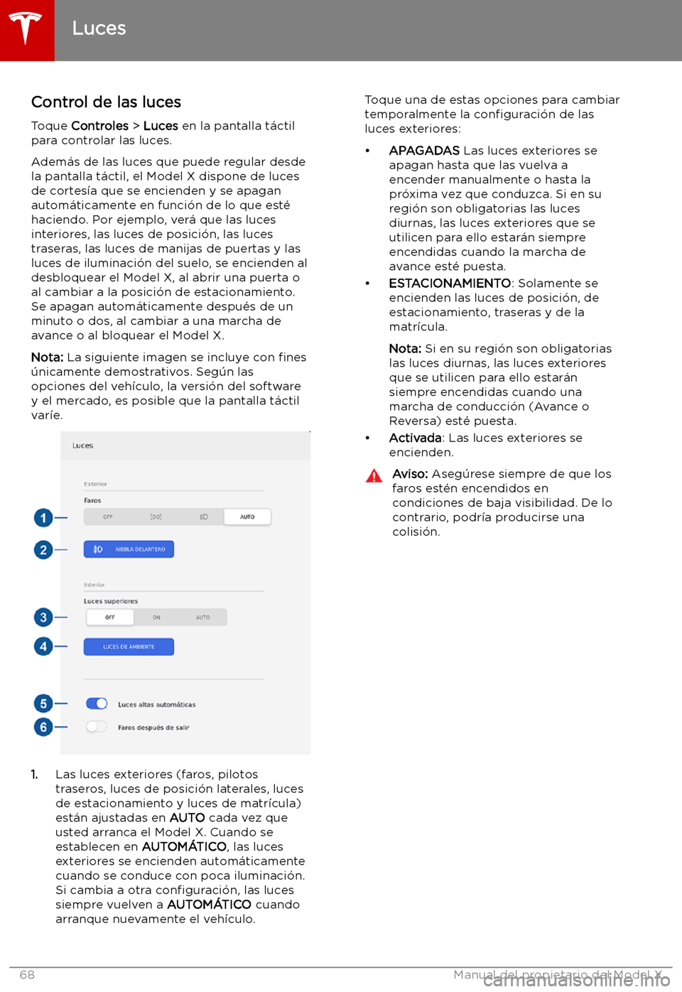 TESLA MODEL X 2019   Manual del propietario (in Spanish) Luces
Control de las luces Toque  Controles  > Luces  en la pantalla t