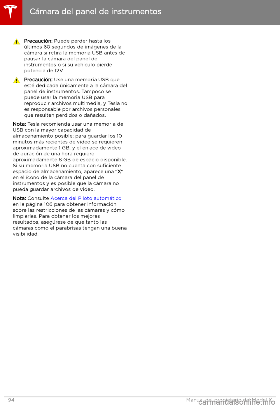 TESLA MODEL X 2019   Manual del propietario (in Spanish) Precauci
