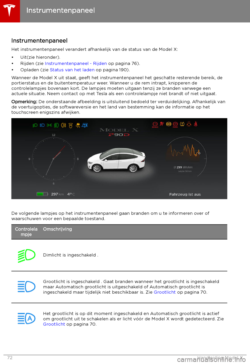 TESLA MODEL X 2019  Handleiding (in Dutch) Instrumentenpaneel
Instrumentenpaneel Het instrumentenpaneel verandert afhankelijk van de status van de Model X:
