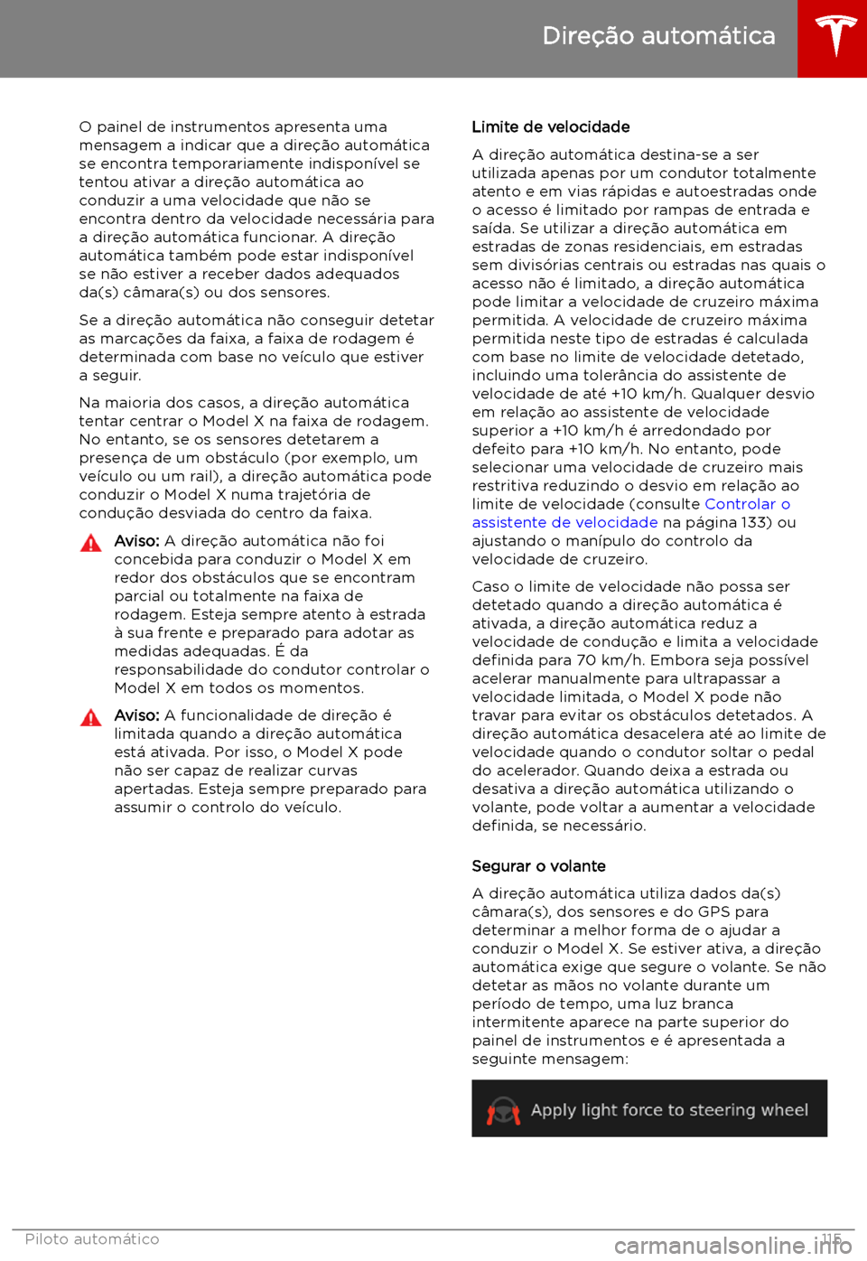 TESLA MODEL X 2019  Manual do proprietário (in Portuguese) O painel de instrumentos apresenta uma
mensagem a indicar que a dire