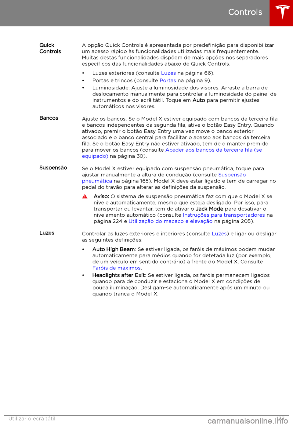 TESLA MODEL X 2019  Manual do proprietário (in Portuguese) Quick
ControlsA op