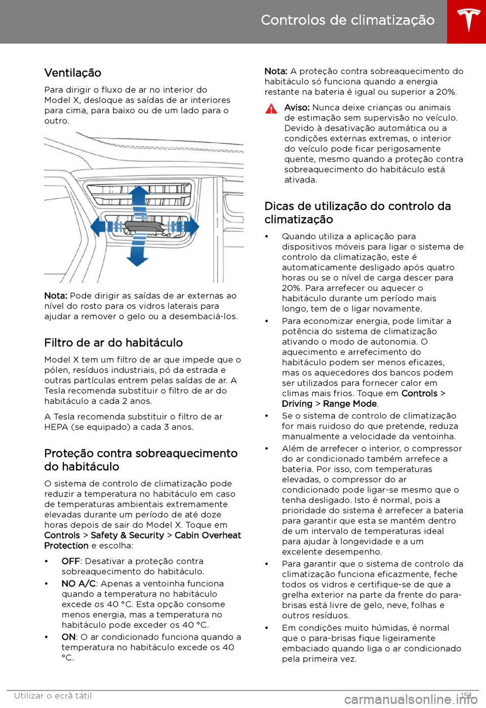 TESLA MODEL X 2019  Manual do proprietário (in Portuguese) Ventila