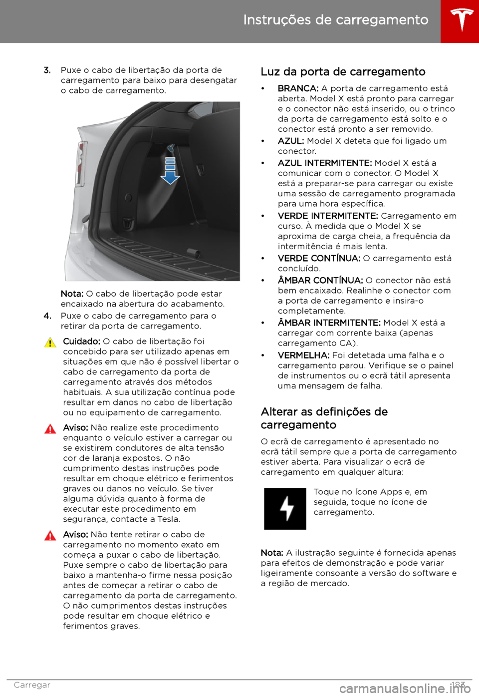 TESLA MODEL X 2019  Manual do proprietário (in Portuguese) 3.Puxe o cabo de liberta