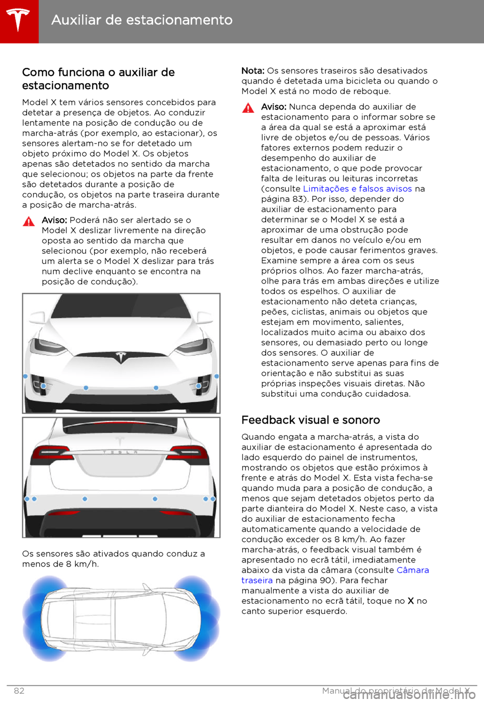 TESLA MODEL X 2019  Manual do proprietário (in Portuguese) Auxiliar de estacionamento
Como funciona o auxiliar de
estacionamento
Model X tem v
