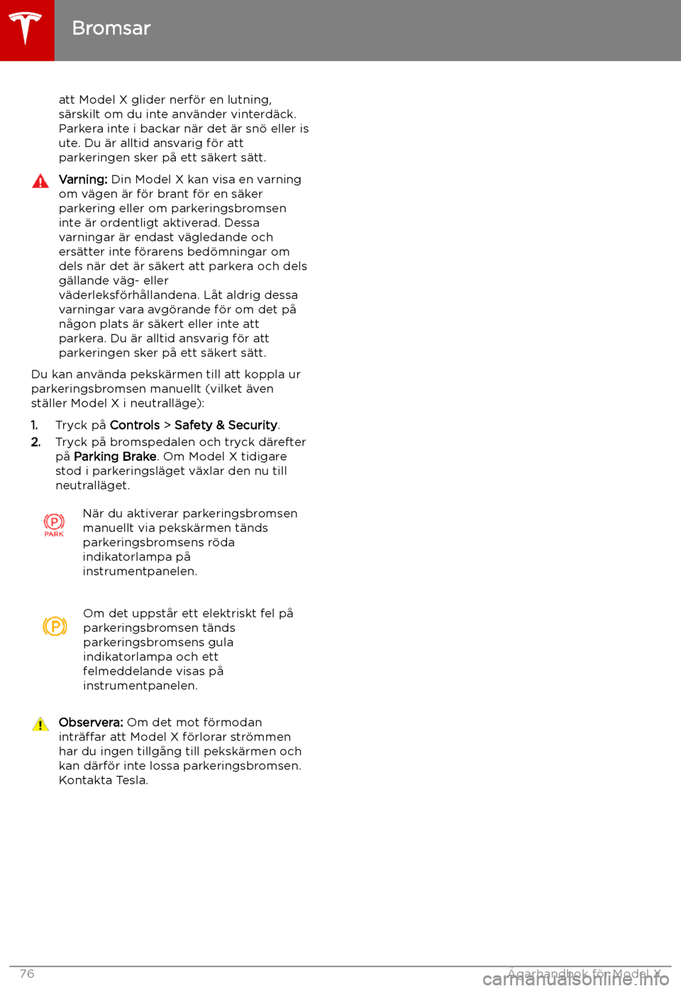 TESLA MODEL X 2019  Ägarmanual (in Swedish) att Model X glider nerf