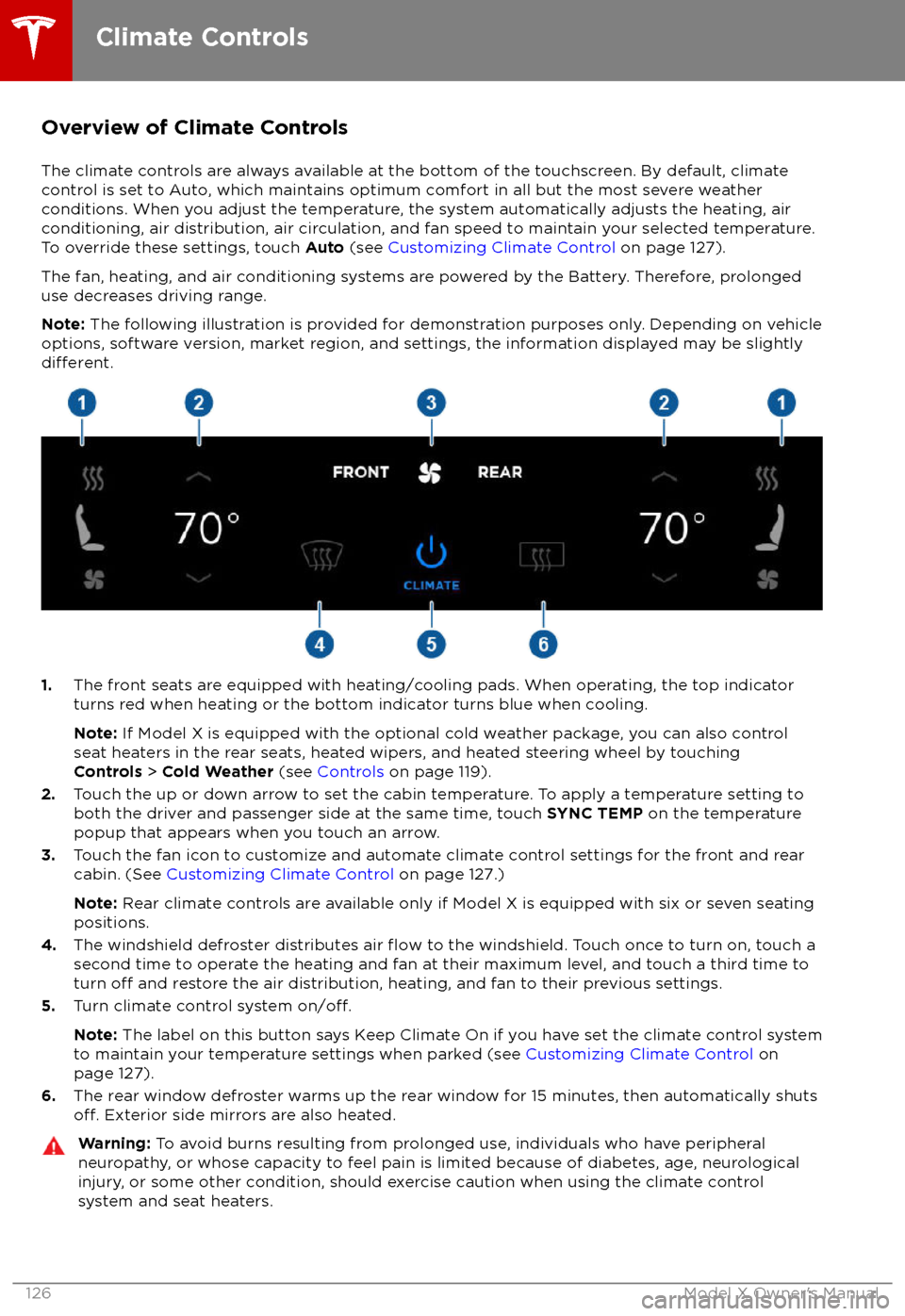 TESLA MODEL X 2018 Owners Manual Overview of Climate Controls
The climate controls are always available at the bottom of the touchscreen. By default, climate control is set to Auto, which maintains optimum comfort in all but the most TESLA MODEL X 2018 Owners Manual Overview of Climate Controls
The climate controls are always available at the bottom of the touchscreen. By default, climate control is set to Auto, which maintains optimum comfort in all but the most
