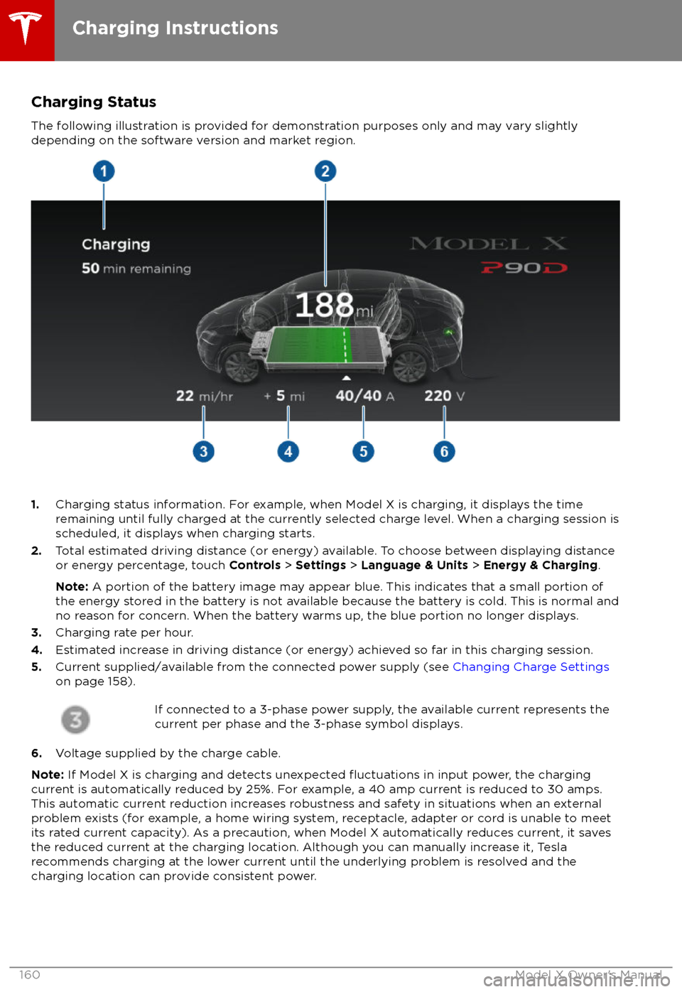 TESLA MODEL X 2018 Owners Manual Charging Status
The following illustration is provided for demonstration purposes only and may vary slightly
depending on the software version and market region.
1. Charging status information. For ex TESLA MODEL X 2018 Owners Manual Charging Status
The following illustration is provided for demonstration purposes only and may vary slightly
depending on the software version and market region.
1. Charging status information. For ex