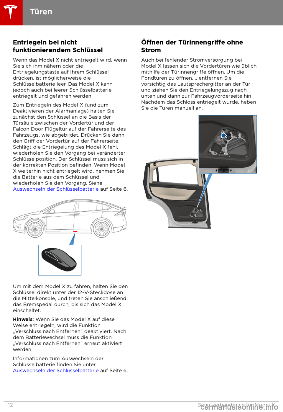 TESLA MODEL X 2018  Betriebsanleitung (in German)  Entriegeln bei nicht
funk
tionierendem Schl