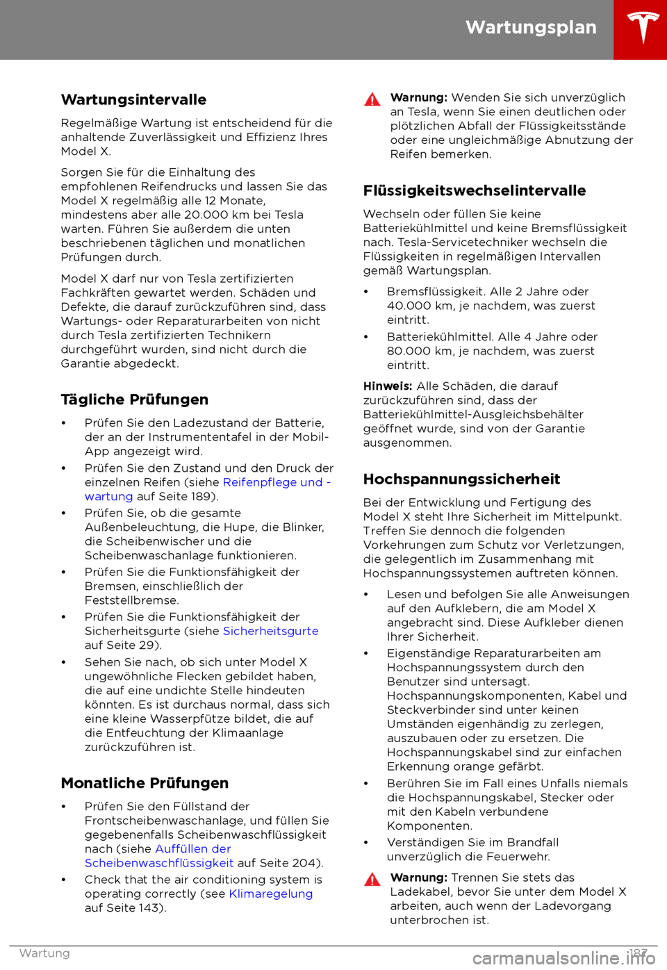 TESLA MODEL X 2018  Betriebsanleitung (in German)  Wartungsintervalle
R egelm