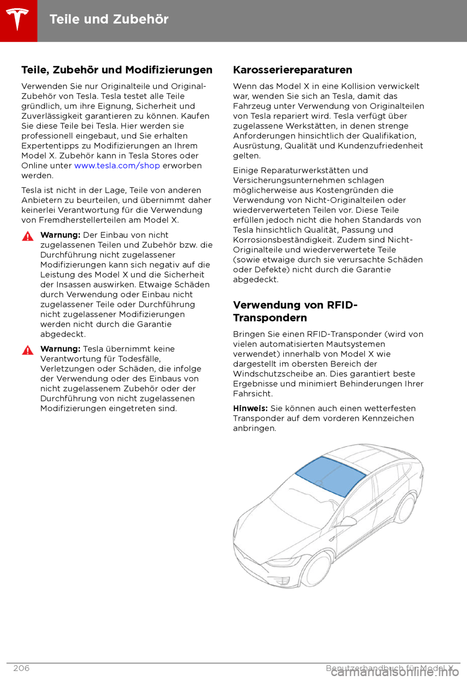 TESLA MODEL X 2018  Betriebsanleitung (in German)  Teile, Zubeh