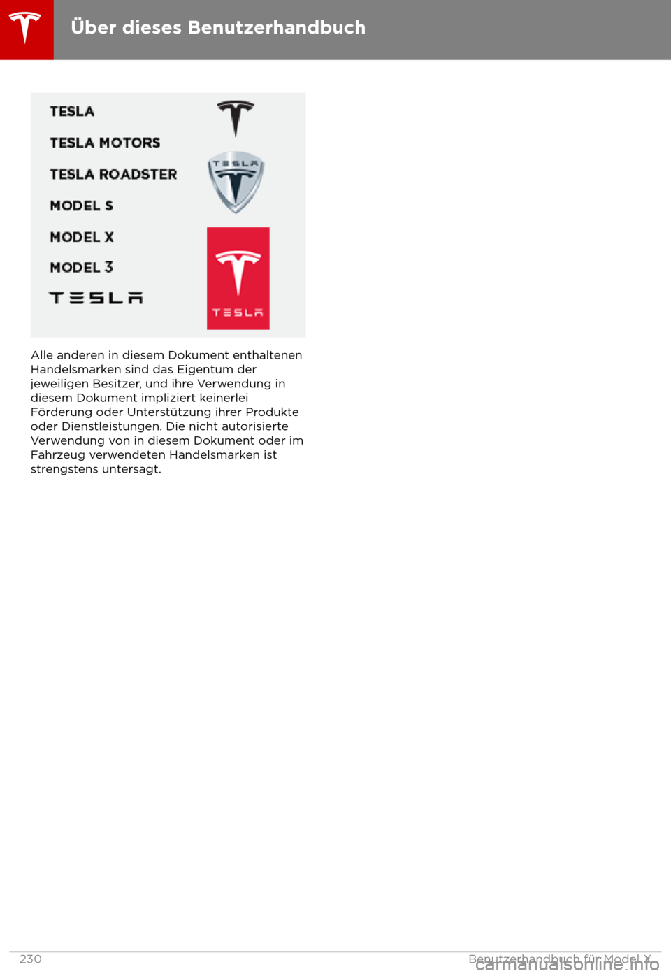 TESLA MODEL X 2018  Betriebsanleitung (in German)  Alle anderen in diesem Dokument enthaltenen
Handelsmark en sind das Eigentum der
jeweiligen Besitzer, und ihre Verwendung in
diesem Dokument impliziert keinerlei
F