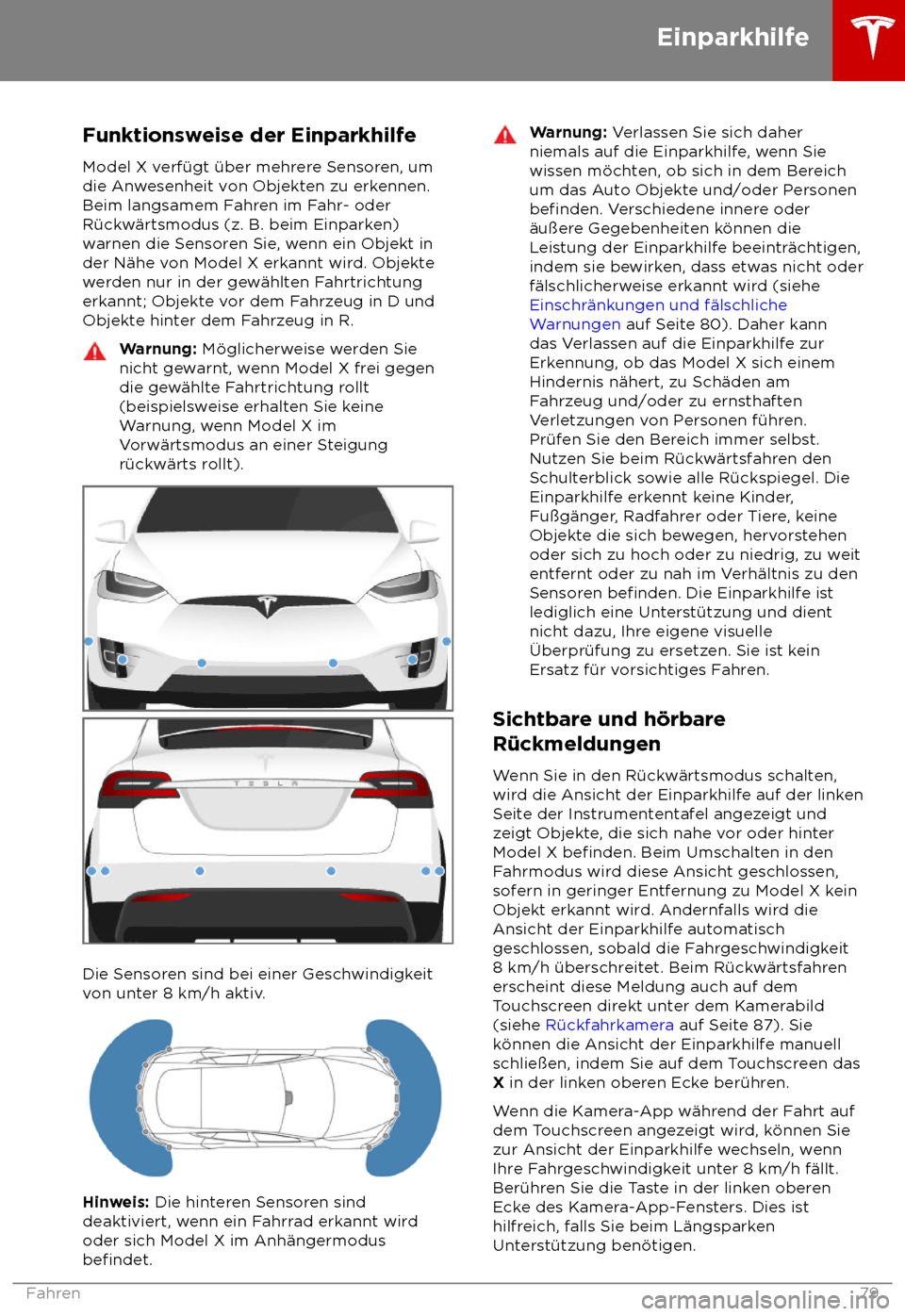 TESLA MODEL X 2018  Betriebsanleitung (in German)  Funktionsweise der Einparkhilfe
Model X v erf