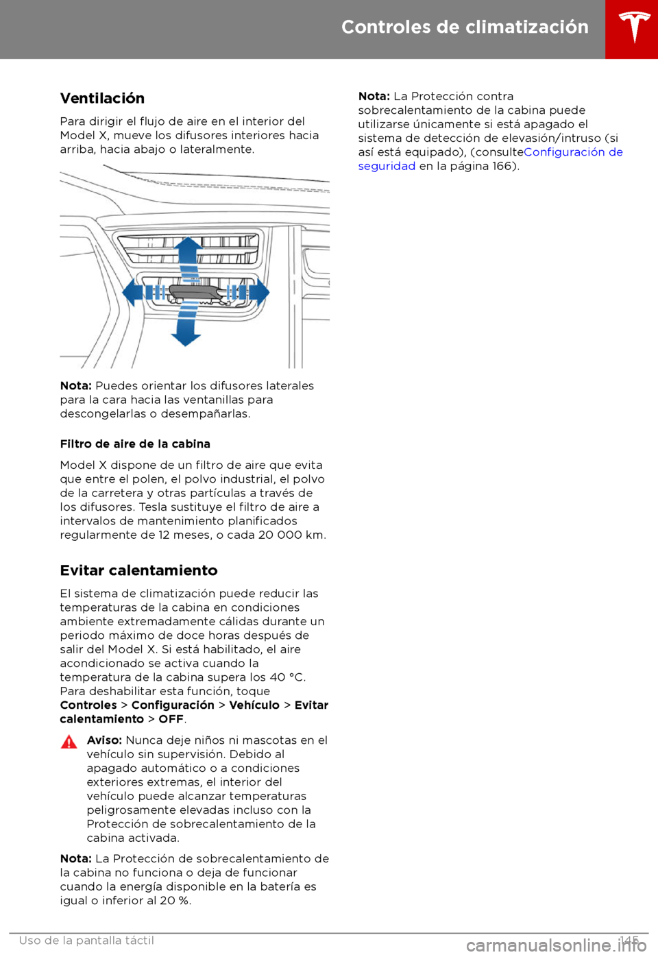 TESLA MODEL X 2018  Manual del propietario (in Spanish) Ventilaci
