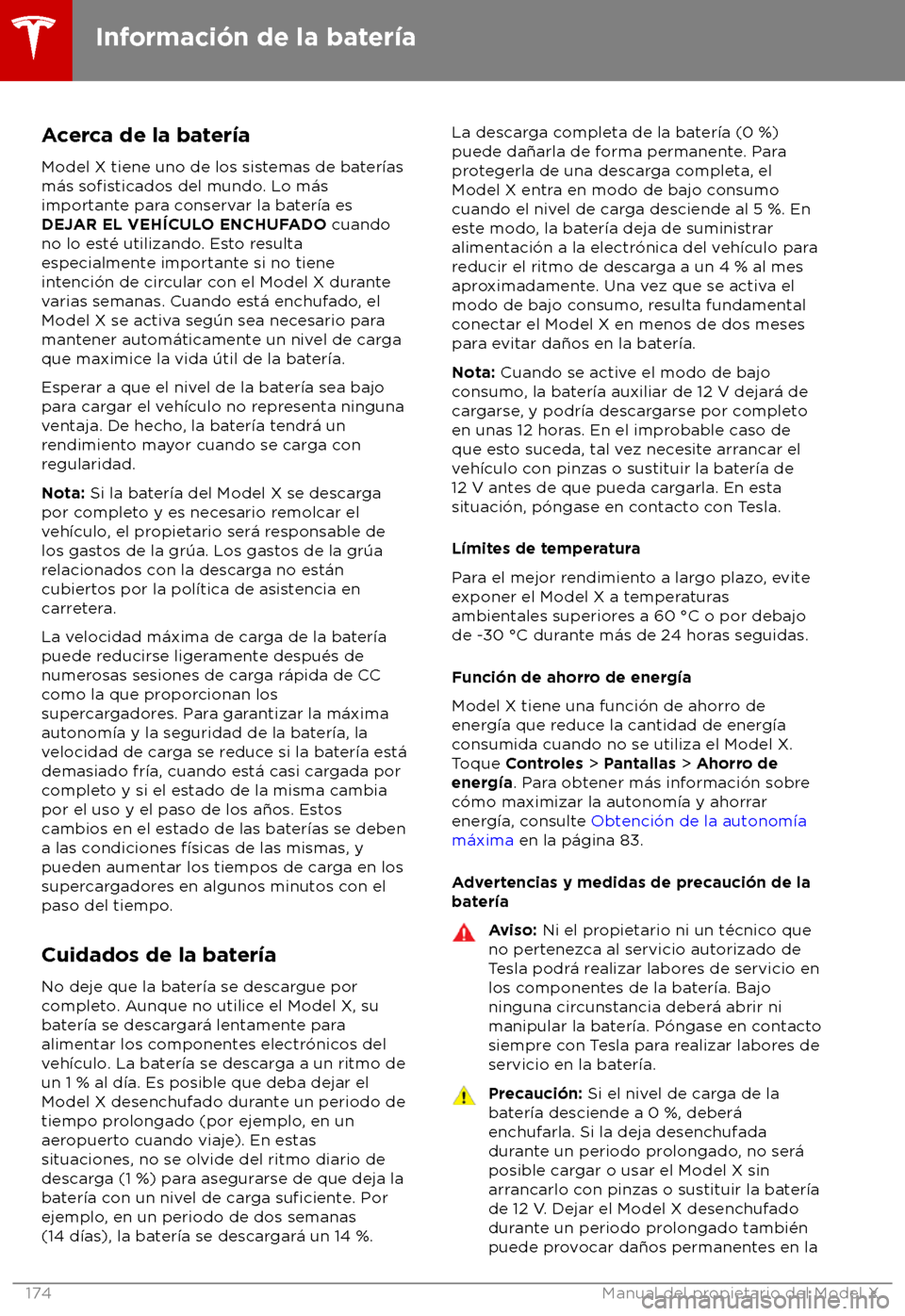 TESLA MODEL X 2018  Manual del propietario (in Spanish) Acerca de la bater