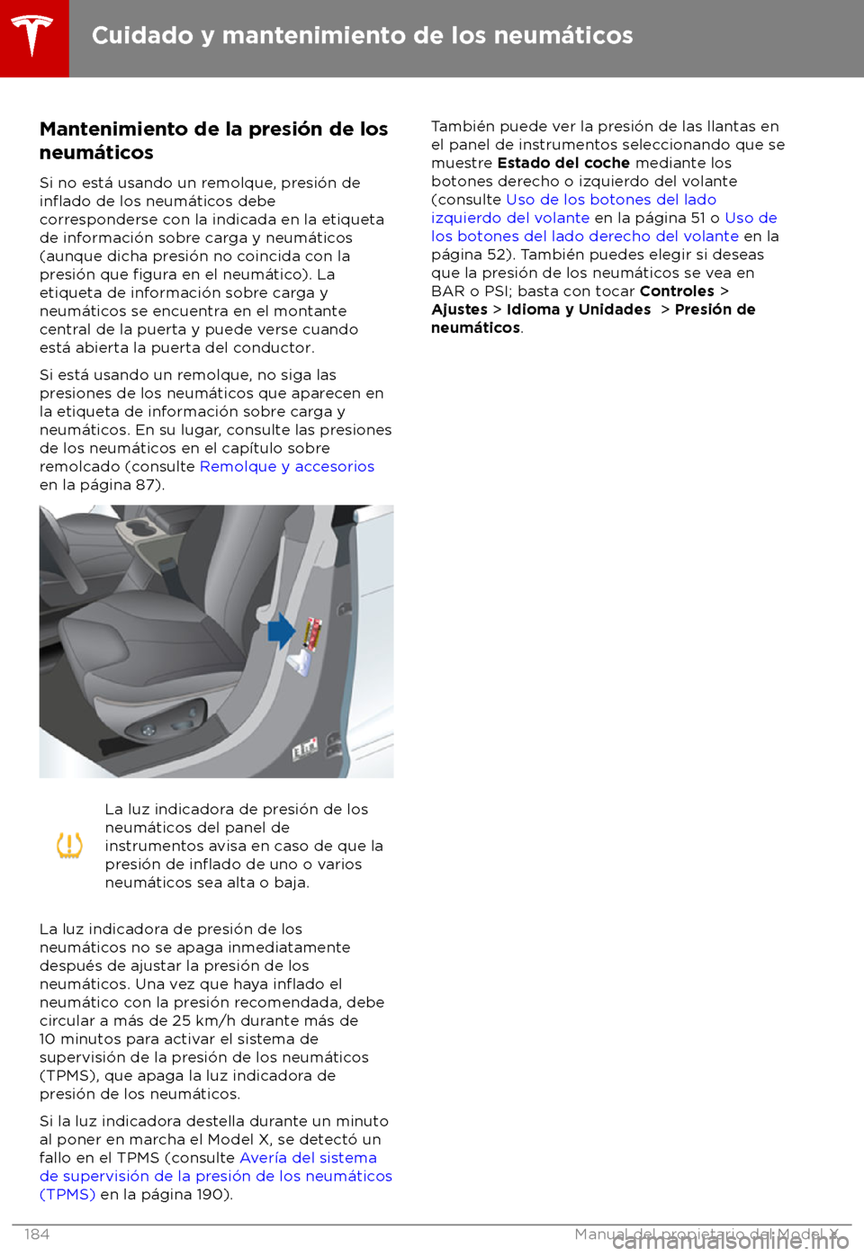 TESLA MODEL X 2018  Manual del propietario (in Spanish) Mantenimiento de la presi