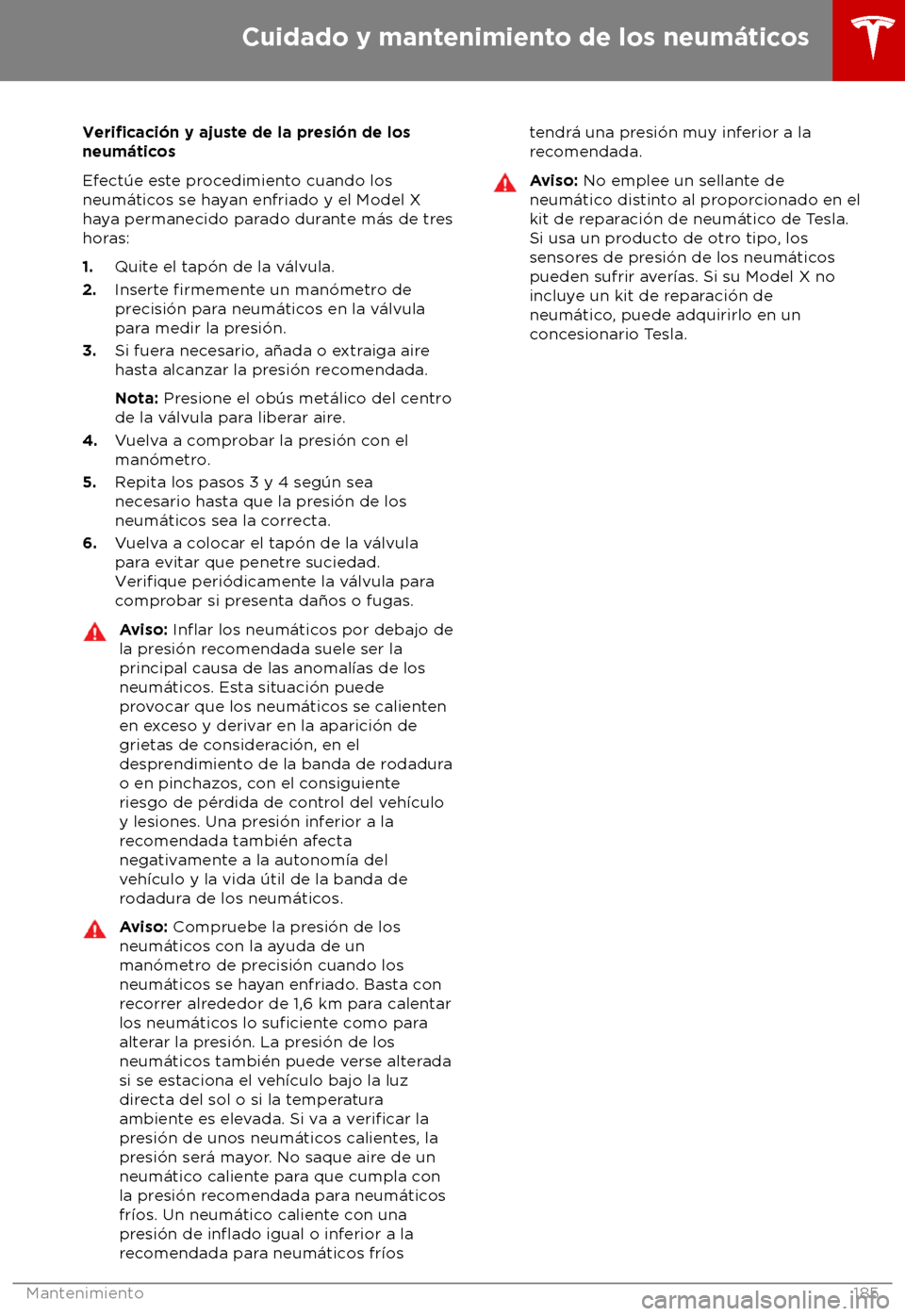 TESLA MODEL X 2018  Manual del propietario (in Spanish) Verificaci