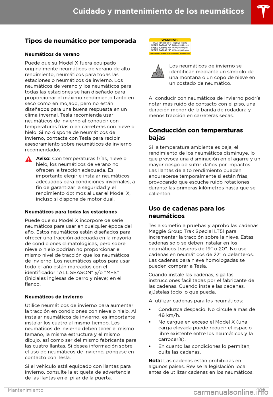 TESLA MODEL X 2018  Manual del propietario (in Spanish) Tipos de neum