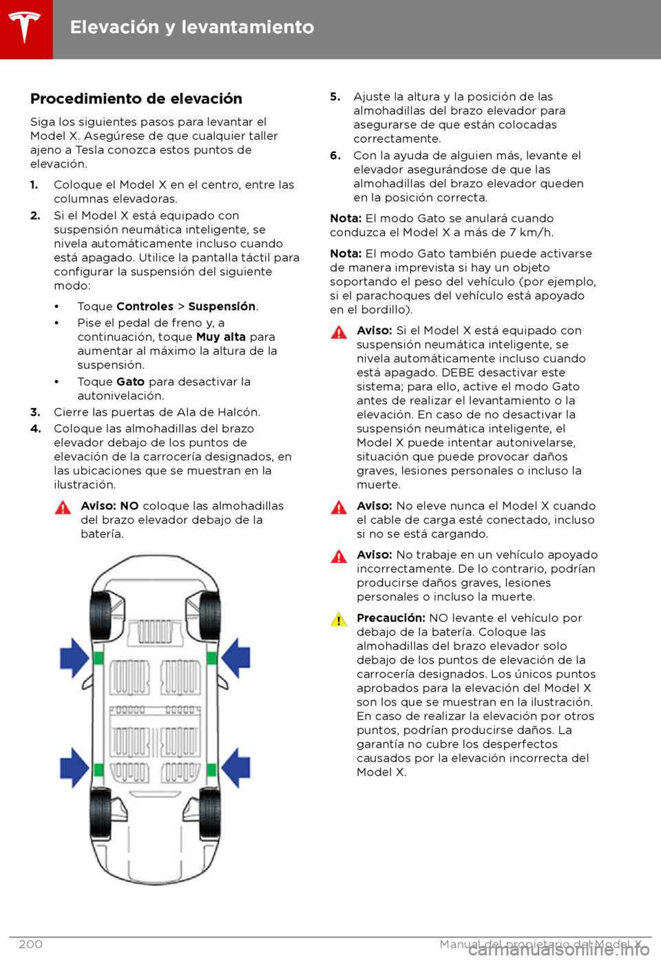 TESLA MODEL X 2018  Manual del propietario (in Spanish) Procedimiento de elevaci
