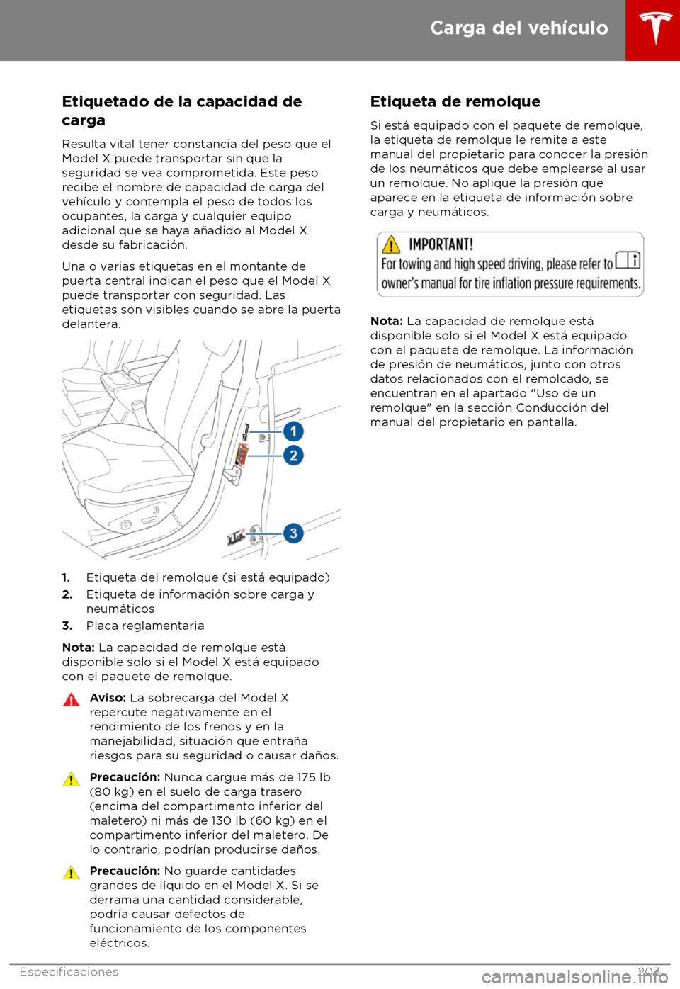 TESLA MODEL X 2018  Manual del propietario (in Spanish) Etiquetado de la capacidad de
car
ga
Resulta vital tener constancia del peso que el
Model X puede transportar sin que la
seguridad se vea comprometida. Este peso
recibe el nombre de capacidad de carga