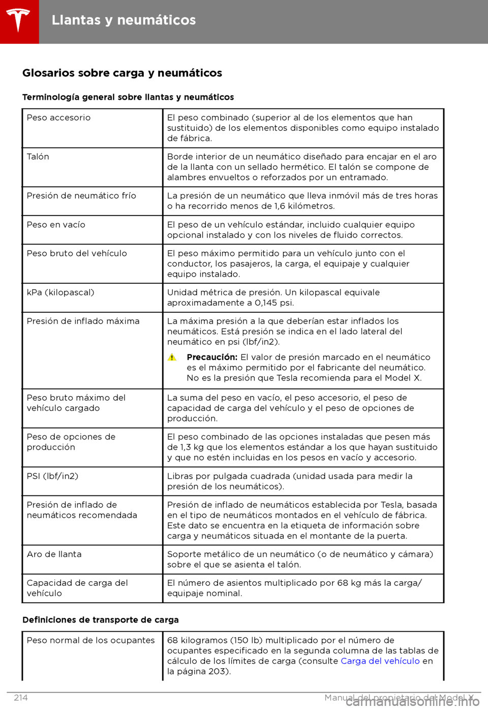 TESLA MODEL X 2018  Manual del propietario (in Spanish) Glosarios sobre carga y neum