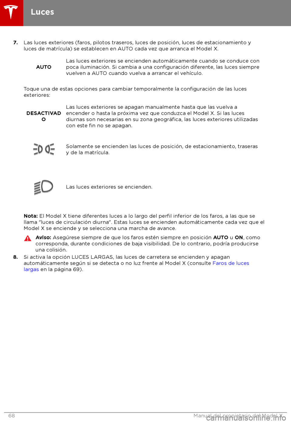 TESLA MODEL X 2018  Manual del propietario (in Spanish) 7.
Las luc es exteriores (faros, pilotos traseros, luces de posici