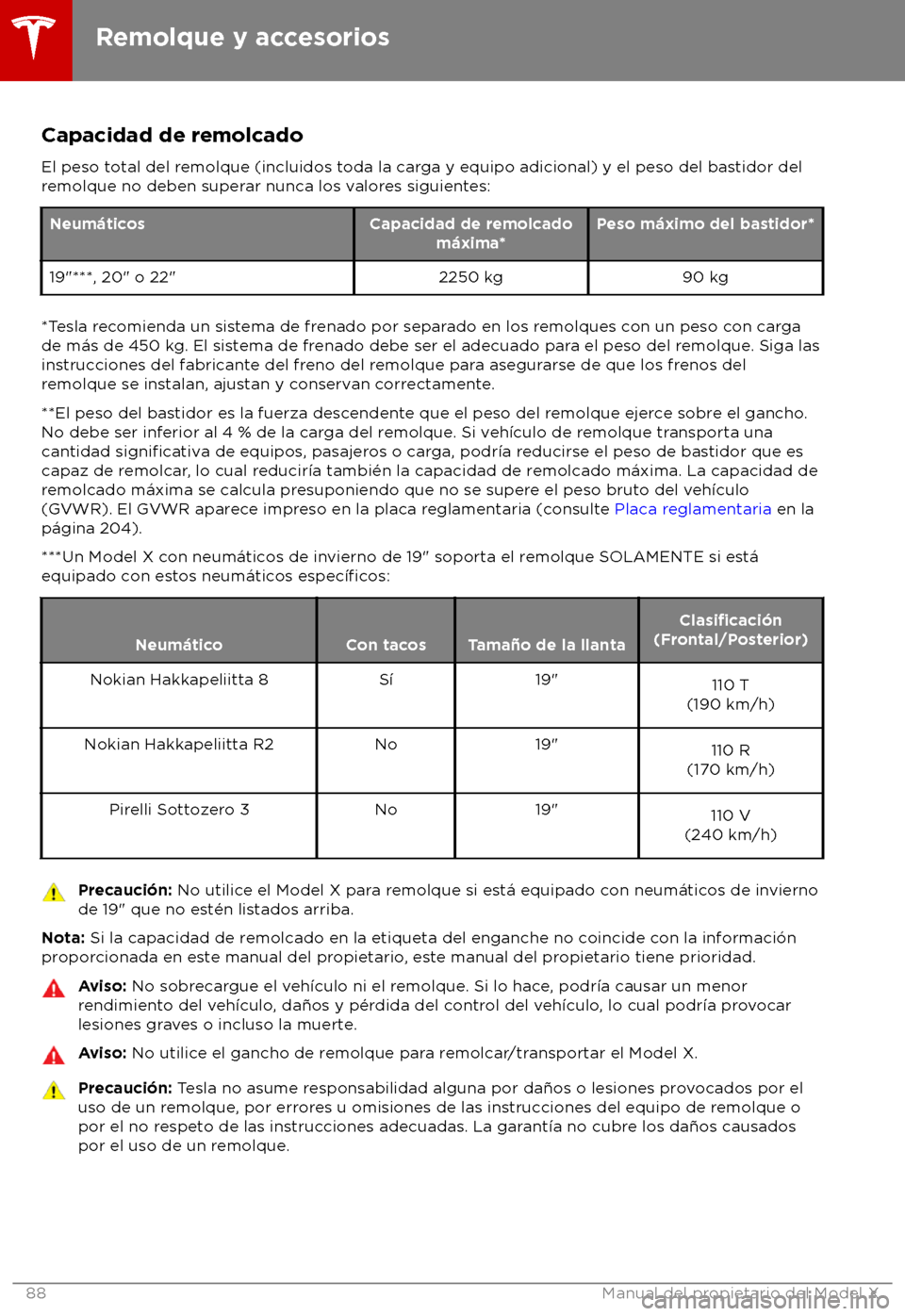 TESLA MODEL X 2018  Manual del propietario (in Spanish) Capacidad de remolcado
El peso t otal del remolque (incluidos toda la carga y equipo adicional) y el peso del bastidor del
remolque no deben superar nunca los valores siguientes: Neum