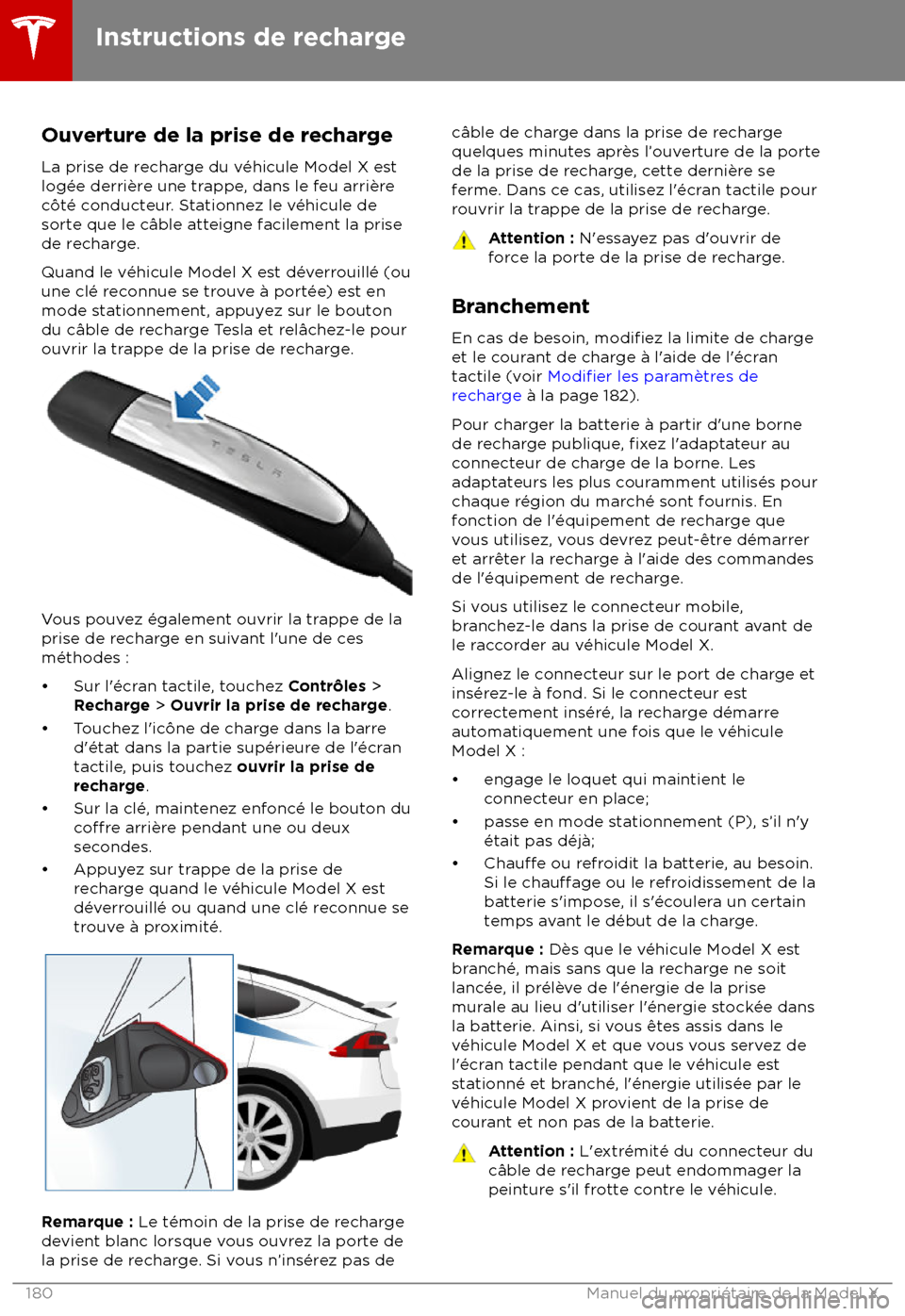 TESLA MODEL X 2018  Manuel du propriétaire (Canada) (in French)  Ouverture de la prise de rechargeLa prise de recharge du v