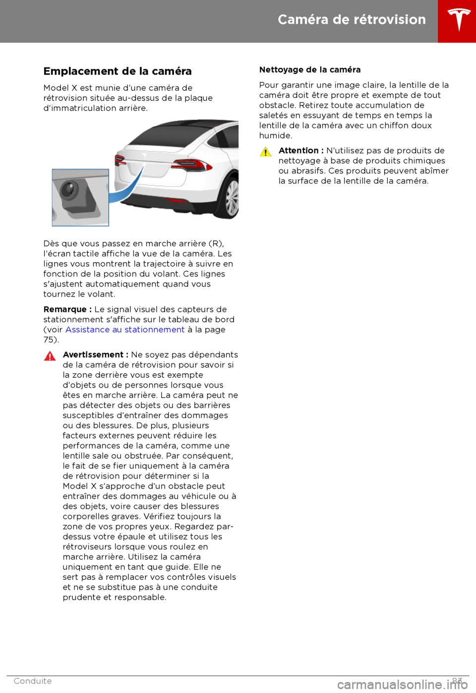 TESLA MODEL X 2018  Manuel du propriétaire (Canada) (in French)  Emplacement de la cam