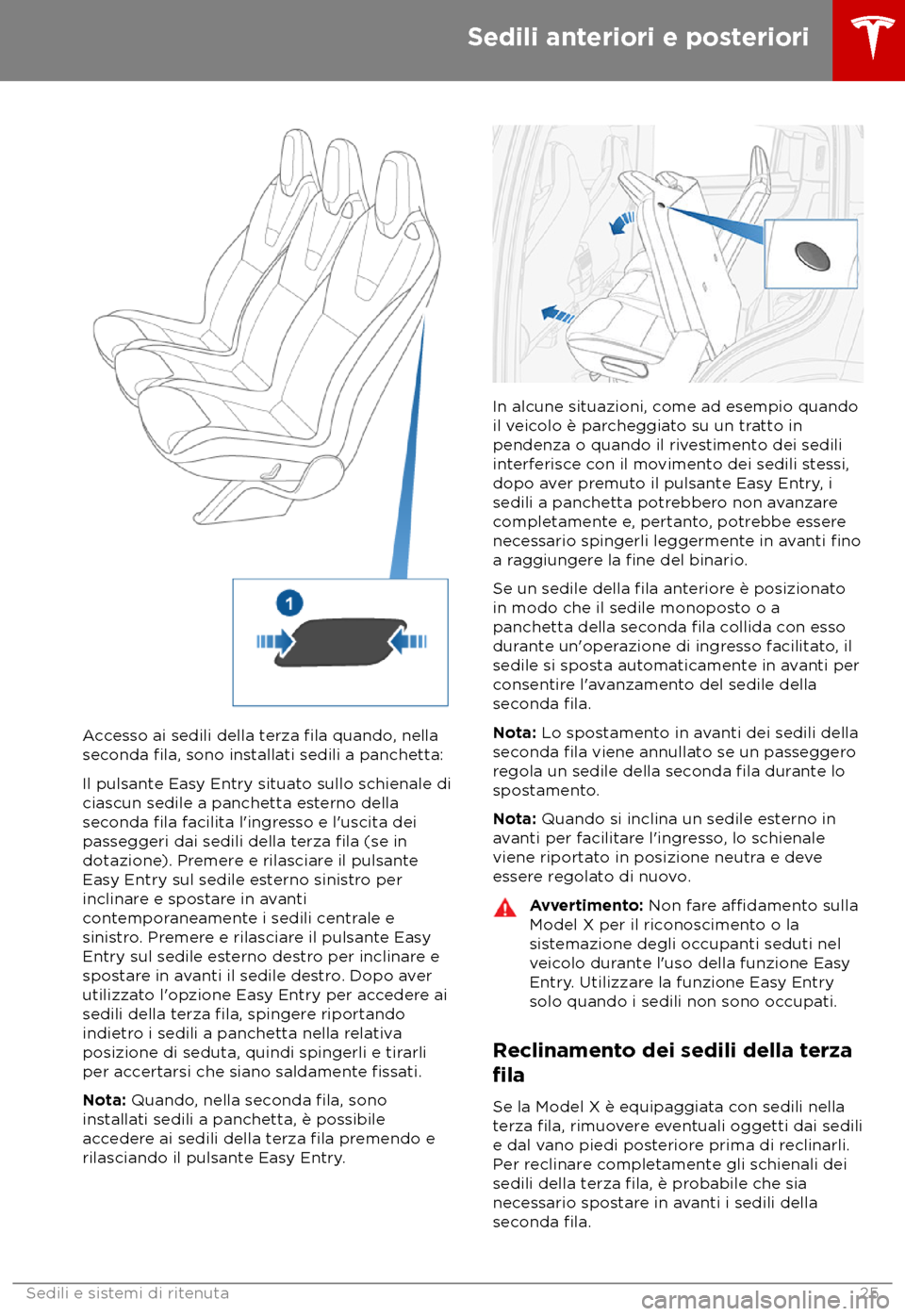 TESLA MODEL X 2018  Manuale del proprietario (in Italian) Accesso ai sedili della terza fila quando, nella
sec
onda fila, sono installati sedili a panchetta:
Il pulsant
e Easy Entry situato sullo schienale di
ciascun sedile a panchetta esterno della
seconda 