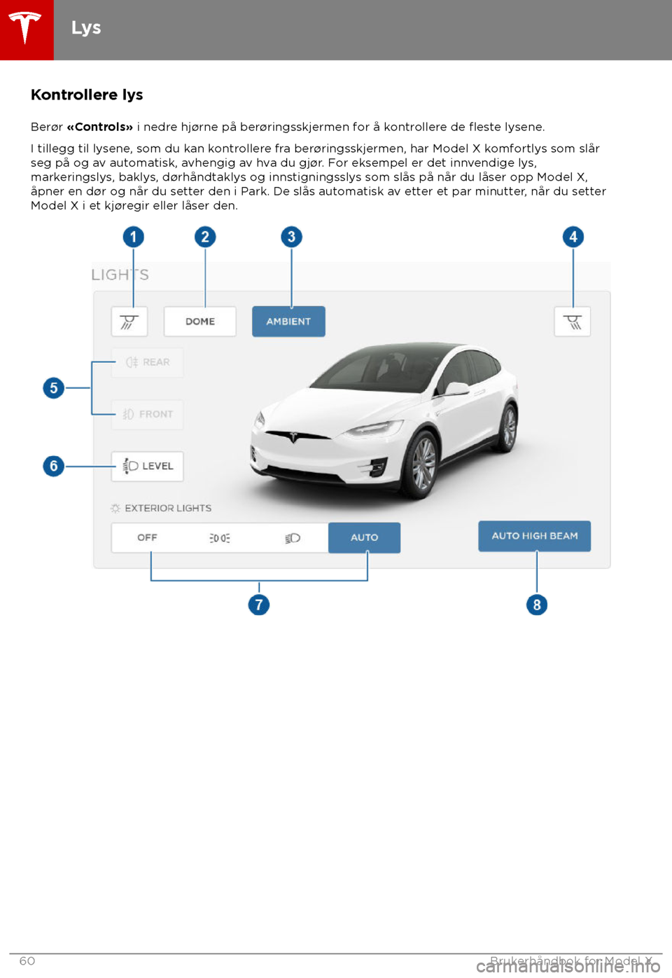 TESLA MODEL X 2018  Brukerhåndbok (in Norwegian)  Kontrollere lys
Ber 